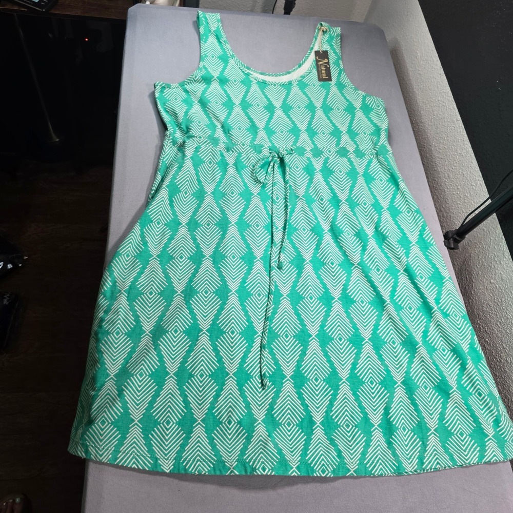 Natural Reflections Green White Geometric Cotton‎ Drawstring Tank Dress XL NWT